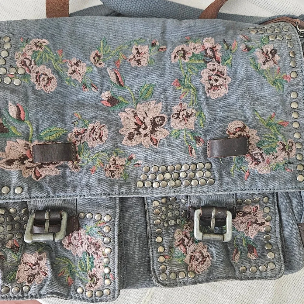 Free People Floral Embroidered Studded Canvas Messenger Bag Blue Boho Crossbody